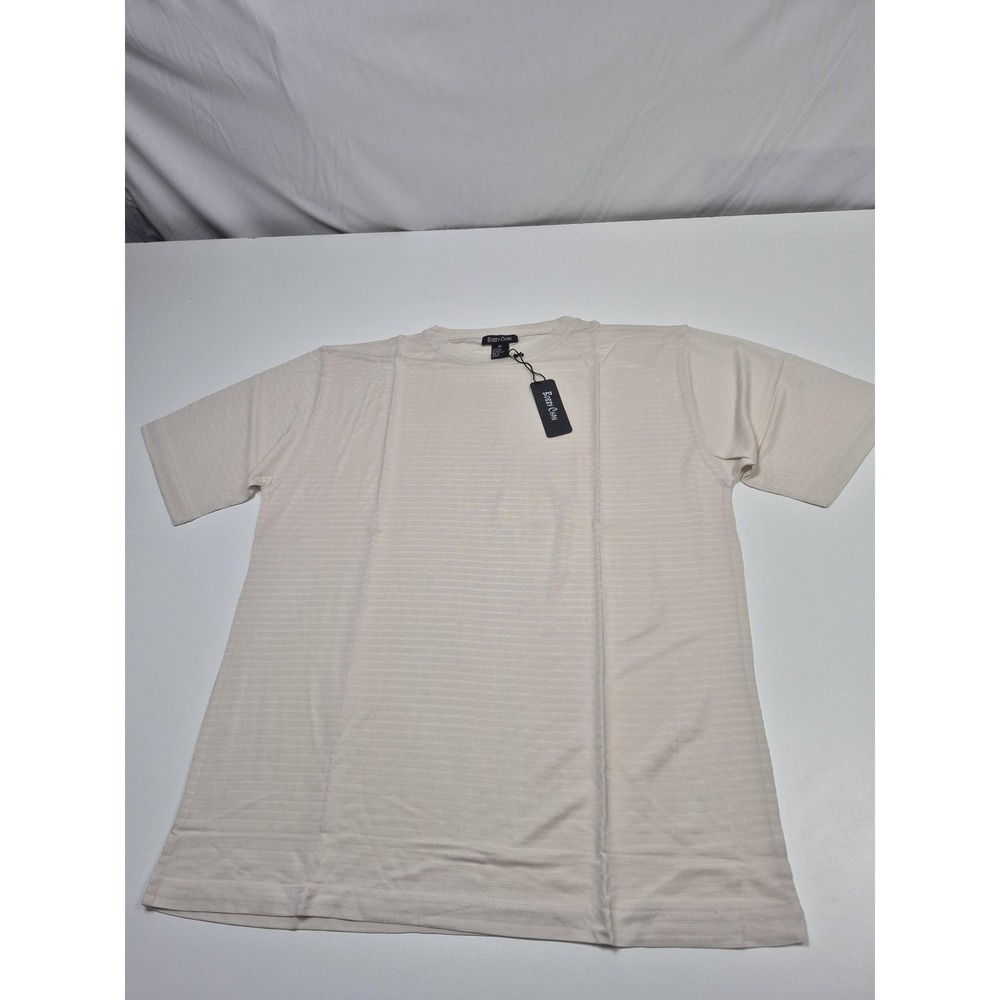 Bobby Chan Shirt Mens XL White Silk Rayon Short Sleeve Crewneck Tee Striped